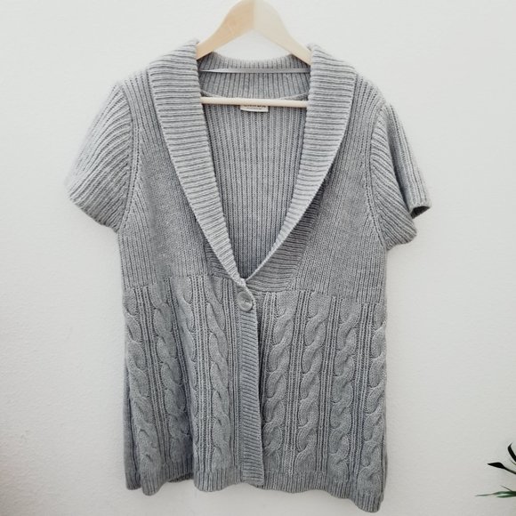 CANDA Germany Grey Wool Knit Ribbed Cable Short Sleeve Cardigan Sweater XL - Picture 2 of 6